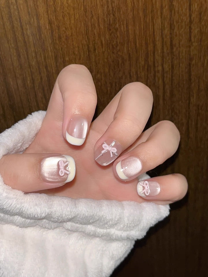 Pink Ribbon French Short Magnetic press on nails