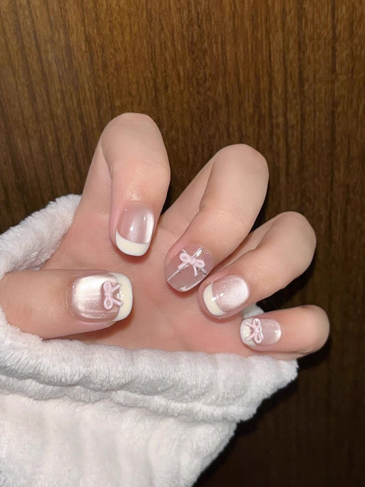 Pink Ribbon French Short Magnetic press on nails