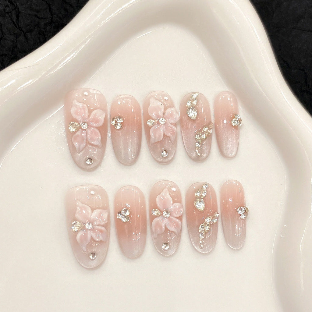 Pink Flower Leaves Wedding Press on nails