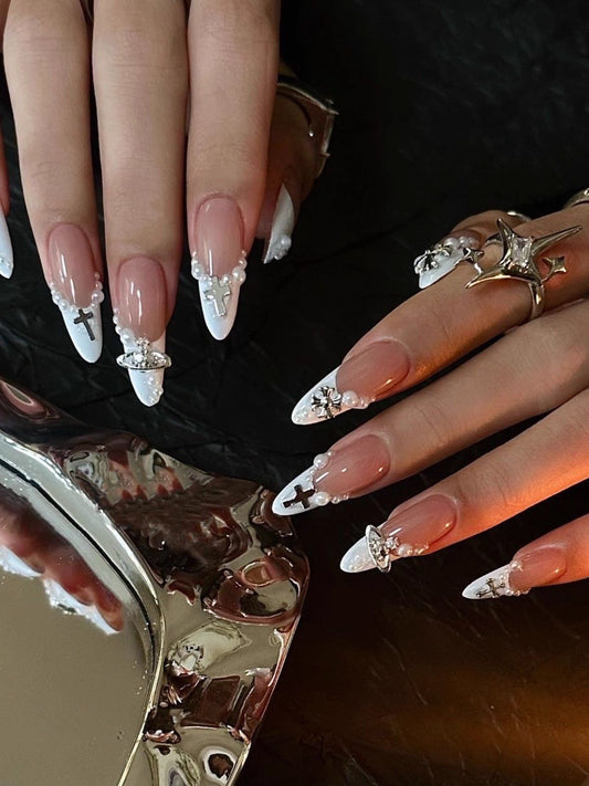 Sacred Cross Pearl French Press on Nails
