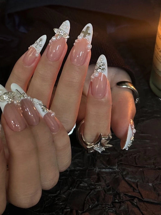 Sacred Cross Pearl French Press on Nails