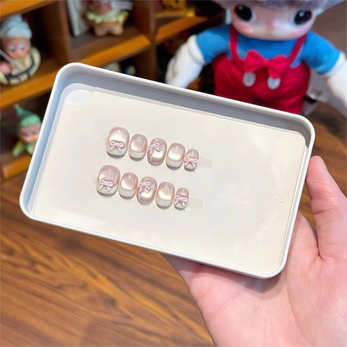 Pink Ribbon French Short Magnetic press on nails