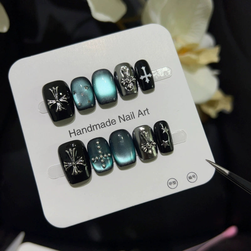 Dark Green Aurora Unique Short Press on nails