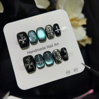 Dark Green Aurora Unique Short Press on nails