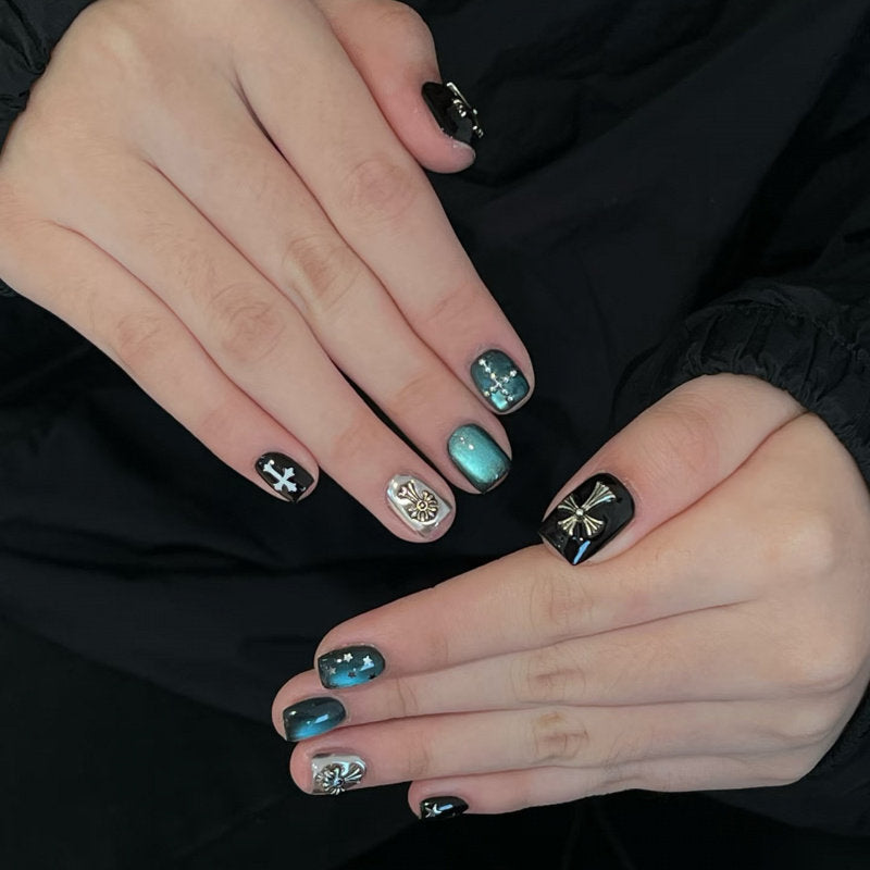 Dark Green Aurora Unique Short Press on nails