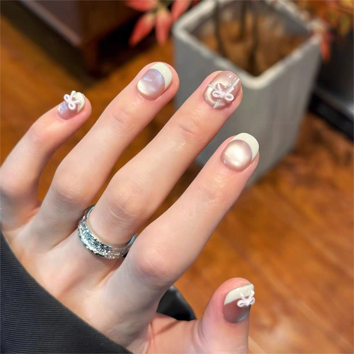 Pink Ribbon French Short Magnetic press on nails