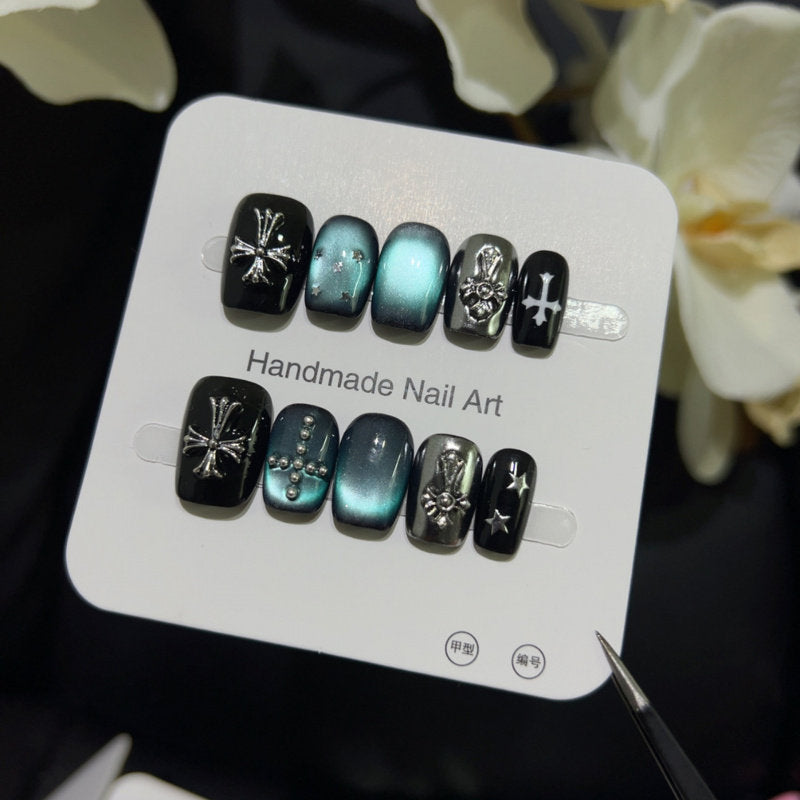 Dark Green Aurora Unique Short Press on nails