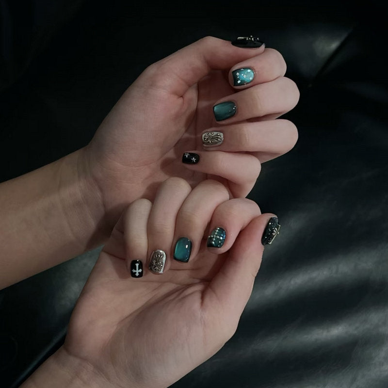 Dark Green Aurora Unique Short Press on nails