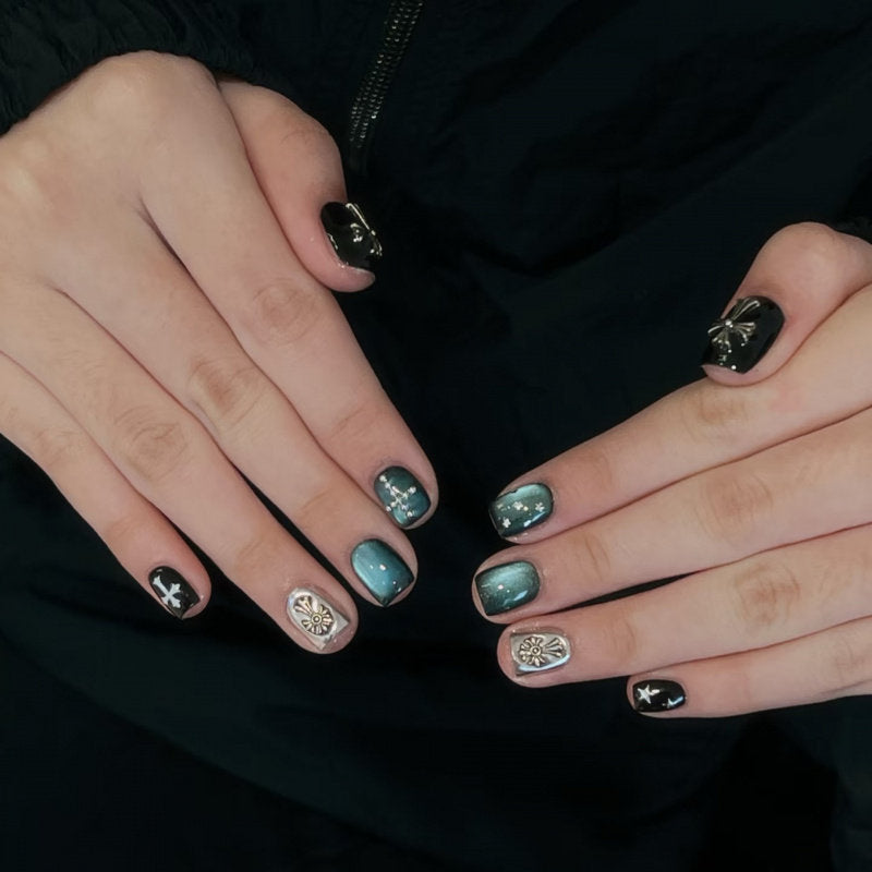 Dark Green Aurora Unique Short Press on nails