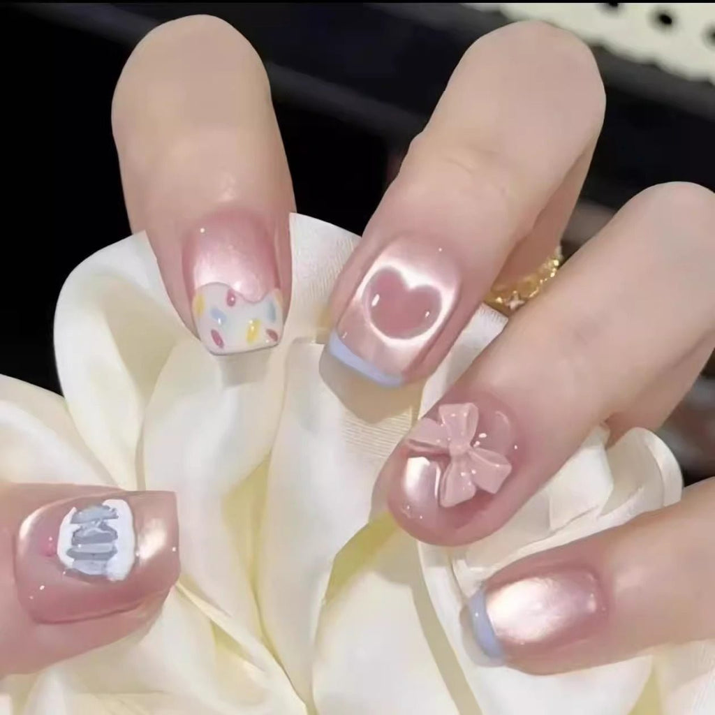 Ribbon Love Heart French Magnetic Press-On Nails