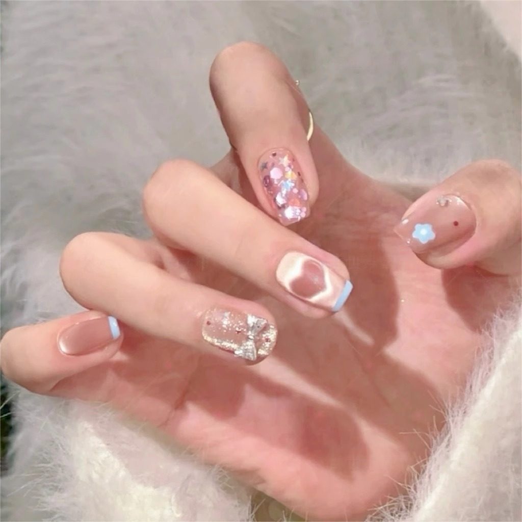 Sparkling Ribbon French Magnetic Press-On Nails