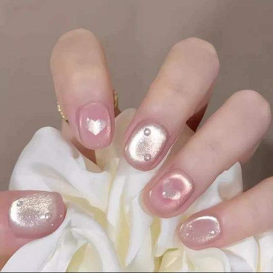 Pink Opal Glow Magnetic Press On Nails
