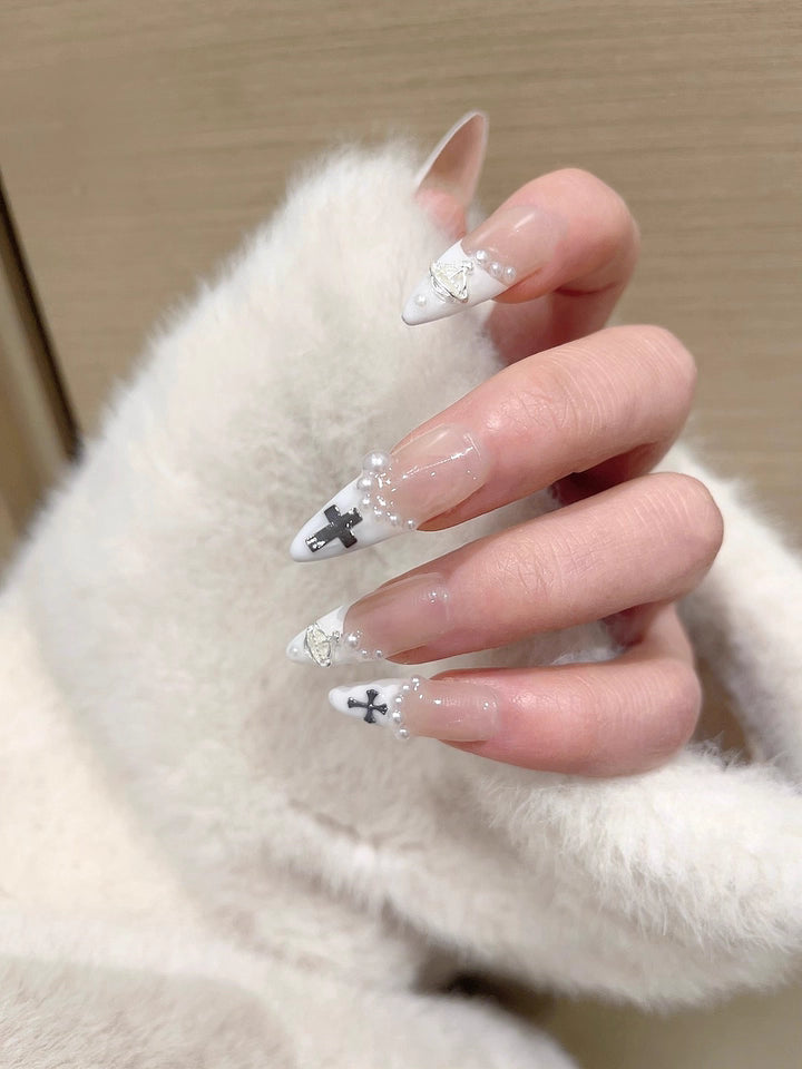 Sacred Cross Pearl French Press on Nails