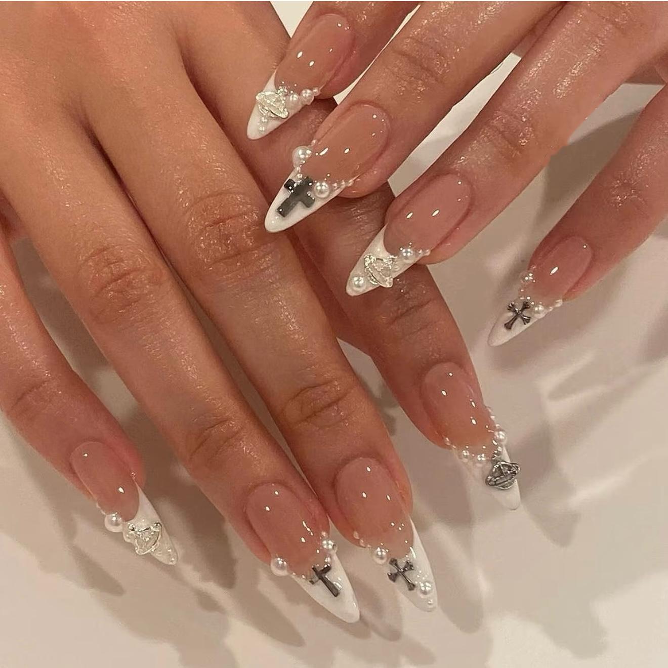 Sacred Cross Pearl French Press on Nails