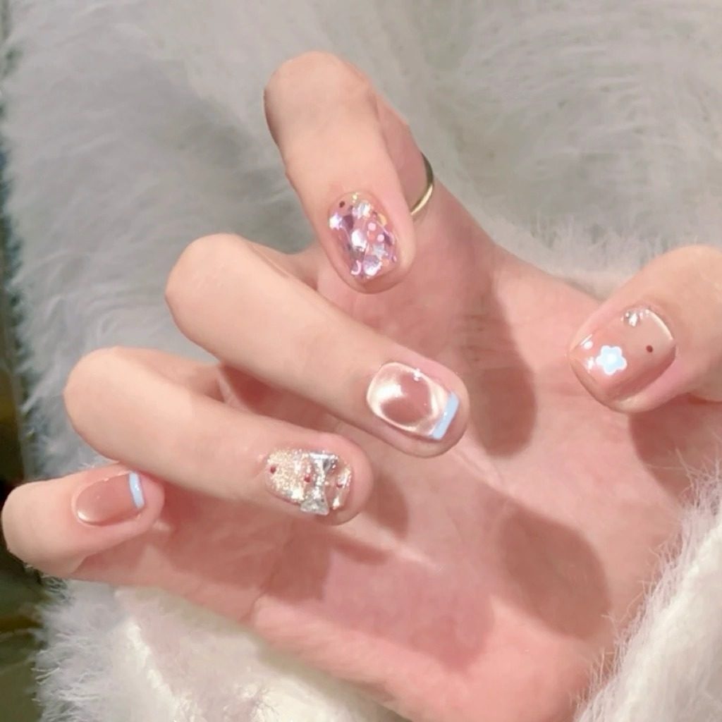 Sparkling Ribbon French Magnetic Press-On Nails