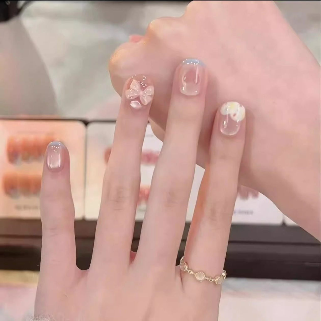 Ribbon Love Heart French Magnetic Press-On Nails