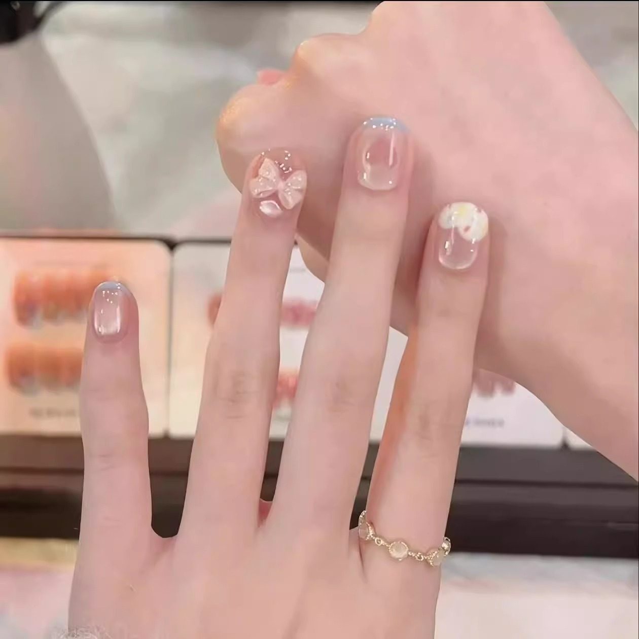 Ribbon Love Heart French Magnetic Press-On Nails